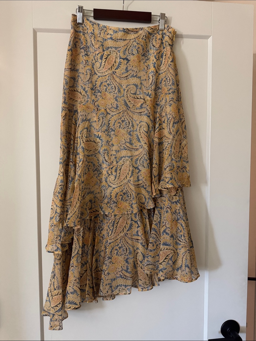 Floral Paisley Ruffled Midi Skirt in Mustard and Blue